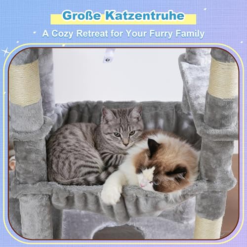 Hey-brother Kratzbaum, 182 cm hoch Katzenbaum für Großkatze, mehrstöckiger Katzenkratzbaum mit 2 Grosse liegefläche, 3 Hängematten, Höhle, 2-in-1-Sisalkratzbrett, Plüschbällen, Hellgrau EMPJ080W