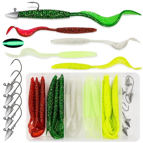 Big Curly Tail Fishing Lures 30pc Soft Plastic Bait Kit, 5 Colors