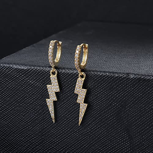 18K Gold Plated Lightning Bolt Earrings Iced Out Earrings Gold Punk Lightning Diamond Huggie Hoop Earrings Cubic Zirconia Lightning Bolt Dangle Earrings For Men Women Gifts, 1 Pair #TOP4