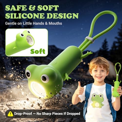 UNEEDE Kids Flashlight Rechargeable, Cute Silicone LED Flashlight for Boys Girls, Night Light with Stepless Dimming & Adjustable Focus, Glow in the Dark for Camping Outdoor Adventure (Frog)