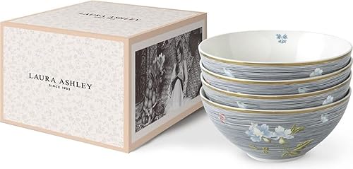 Miniatura 9 de Laura Ashley Cobblestone Pinstripe - Caja de regalo de 6 pulgadas, juego de 4, plato de sopa de porcelana y cereales, cuencos aptos para