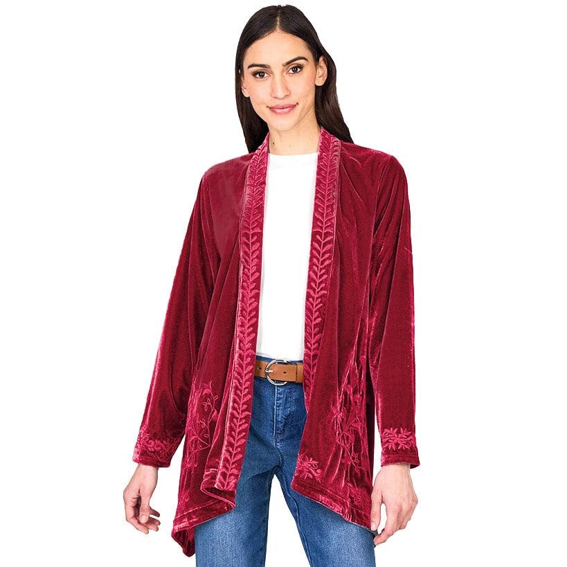 Image of Women's Embroidered Velvet Open Front Cardigan Jacket - Raspberry 3X