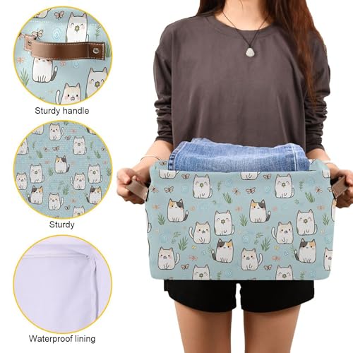 Image of Wamika Cute Cats Storage Basket Fabric Storage Bin Laundry Baskets, Funny Cat Kitty Foldable Storage Boxes Organizer Bag for Baby Cloth Dog Toy Book Storage Cubes Shelf Closet Basket 16x12x8 Inches