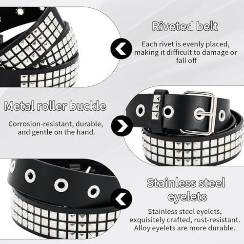 2 Pcs Studded Belt,White Black Studded Belt,Simple and Stylish Imitation Leather Spiked Belts with Shiny Pyramid Studs for Women Men.4