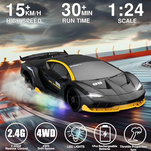 Image of RC Drift Car 1:24 Remote Control Car 4WD 15KM /H High Speed Racing Sport Car with LED Lights RC Cars Toy for Kids Boys Girls Adults Gifts Birthday Christmas