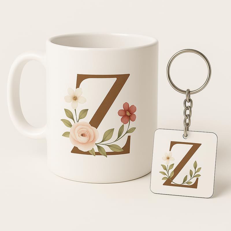Letter Z Mug and Keychain Set – Elegant Floral Monogram Gift for ...
