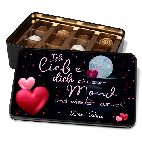 Liebespralinen für dein Schatz „Ich liebe dich bis zum Mond und wieder zurück!“ - Personalisierte Pralinendose mit Namen - Trüffel Schokolade Geschenke für Frauen zu Weihnachten Valentinstag (Schwarz) Cover