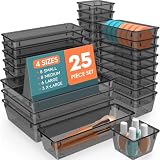 SpaceHacks 25 PCS Plastic Drawer Organizer Set, 4-Size Versatile Organizer Tool Trays & storage Bins for Makeup, Jewelry, and Gadgets in Bathroom, Bedroom and Office,Clear Black
