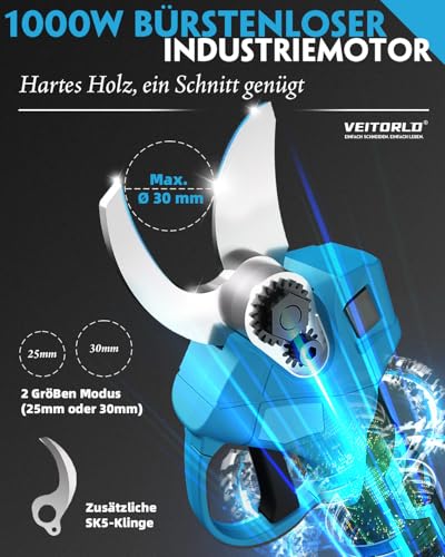 Akku Astschere für Makita 18V Akku, 30mm Schnittkraft, Bürstenloser Motor, Elektrische Bypass-Gartenschere mit Akku 2 x 2000mAh, Ergonomischer Griff, Geschenke für Männer Frauen