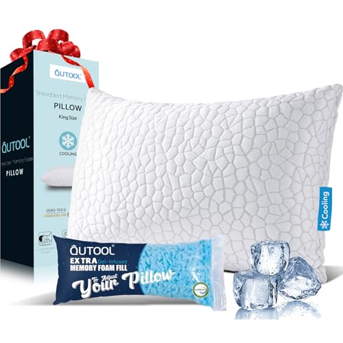 QUTOOL Cooling Pillow for Sleeping, CertiPUR-US Shredded Memory Foam King Pillow Set of 1, Cool Pillow for Hot Sleepers Adjustable Firm Pillow for Side, Back, Stomach Sleepers Soft Yet Support, White