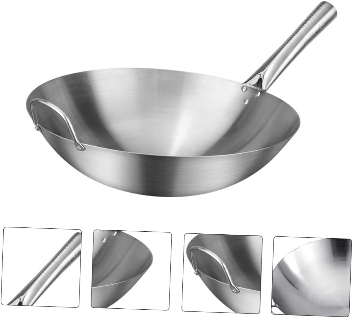Single Handle Stainless Steel Round Bottom Wok Skillet Lid Kitchen Utensil