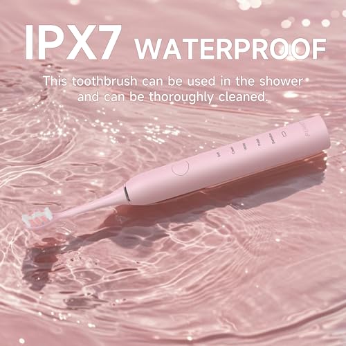 PERECT Ultrasonic Electric Toothbrush Adults with 6 Brush Heads, 5 Modes Electric Toothbrush, Travel Rechargeable Power Toothbrush with Smart Timer &Travel Case & Soft Picks, IPX7 Waterproof, Pink - Image 5