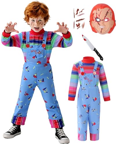 HANERREAL 5 Pcs Chucky Costume for Kids Halloween Ghost Costume with Mask Knife Tattoos Sticker Paper for Boys Girls Toddler (Small)