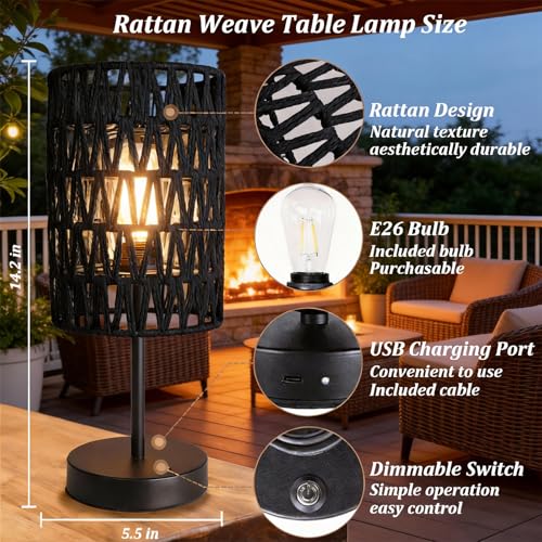 ALL FORTUNE Boho Cordless Outdoor Table Lamps, Rechargeable Battery Operated Rattan Table Lamps, Stepless Dimmable, for Covered Patio, Porch, Gazebo, Living Room, Bedroom Decor- Set of 2 (Black) by ALL FORTUNE - Image 6