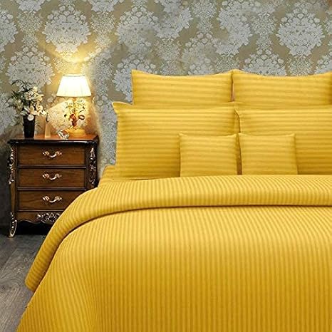 Kihar 210 TC Glace Cotton Satin Stripes Plain Bedsheet King Size Double Bed with Two Pillow Covers for Home/Guest House/PGs (Yellow)