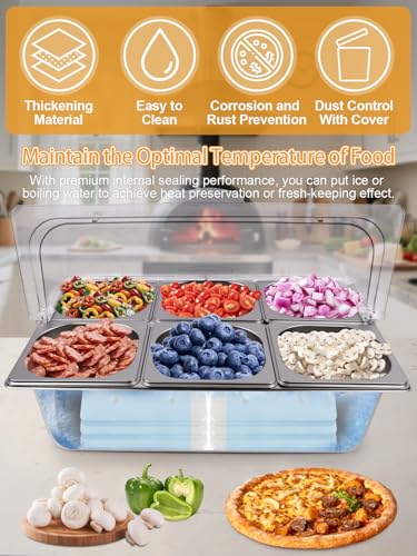 Kalolary 2 Stücke Edelstahl Zutatenbehälter, 7 Pfannen Gewürz Organizer Set aus Edelstahl für Salatbar Buffet mit Löffeln Kühlboxen und Buffetbehältern für Soßen Marmeladen Zutaten Küche Restaurant
