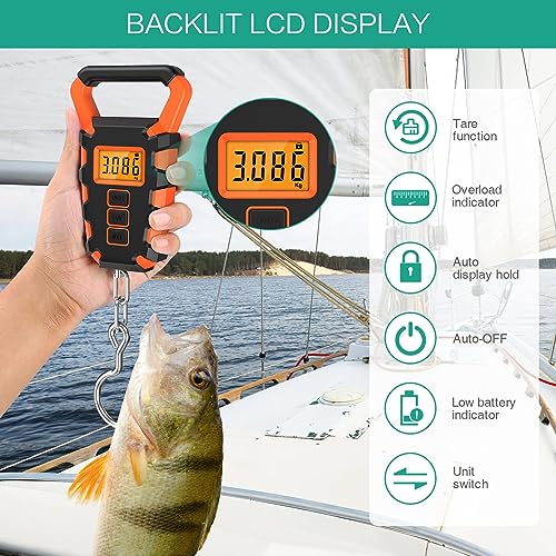 ORIA Digital Fishing Scale with Ruler, Fishing Postal Hanging Hook Scale, 110lb/50kg Luggage Scale with Tape Measure, Fish Control, Luggage Hook, Backlit LCD Display, Batteries Included, Orange - Thumbnail 2