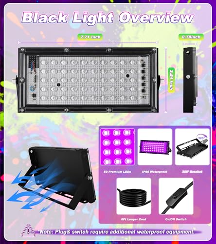 Image of TigQiang 50W 2 Pack LED Black Light IP66 Waterproof,Outdoor Blacklight Flood Light with Plug Switch Cord, for Halloween, Neon Glow in The Dark Party, Body Paint, Fluorescent Poster, Classroom Party