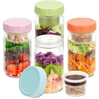 SOLIGT 4 Pack Glass Salad Jars with Lids Meal Prep, Leakproof Container for Lunch, with Wet/Dry Separation Cups, 32oz Mason Jars (Pink/Orange/Sky Blue/Olive Green)