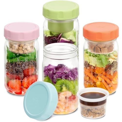 SOLIGT 4 Pack Glass Salad Jars with Lids Meal Prep, Wet/Dry Separation SOLIGT 4 Pack Glass Salad Jars with Lids Meal Prep, Wet/Dry Separation
