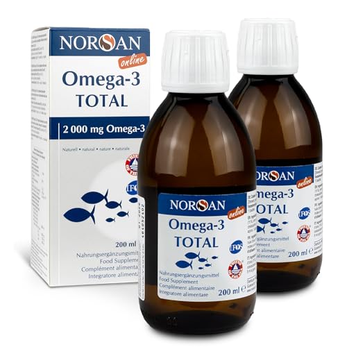 NORSAN Premium Omega 3 Fischöl Total Naturell hochdosiert 2er Pack (2x 200 ml) - 2.000mg Omega 3 pro Portion - hochwertiges Öl 1120mg EPA & 536mg DHA und mit 800 IE Vitamin D3