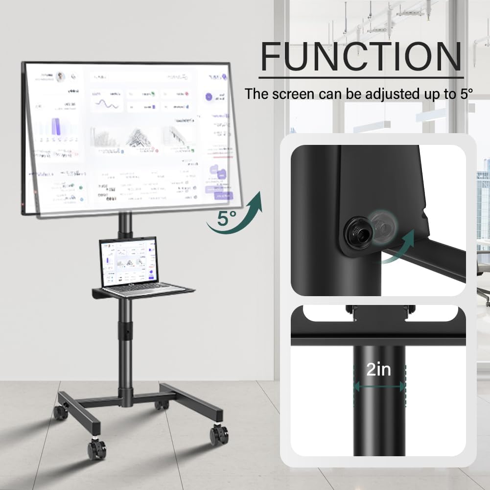Rolling TV Stand with Wheels for 32-55Inch Screens up to 55lbs Mobile TV Stand with Shelf Height Adjustable Mobile TV Cart Max VESA 400x400mm, Black