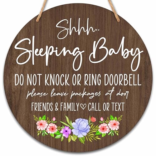 valucise Baby Sleeping Sign for Front Door, Do Not Knock or Ring Doorbell Round Hanging Sign With Rope, New Mom Gifts, Rustic Wooden Baby Bedroom Nursery Home Front Door Porch, B(01)