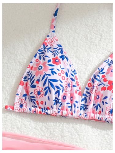 OYOANGLE Girl's 3 Piece Swimsuits Floral Print Halter Triangle Bikini Set with Cover Up Cute Swimwear4