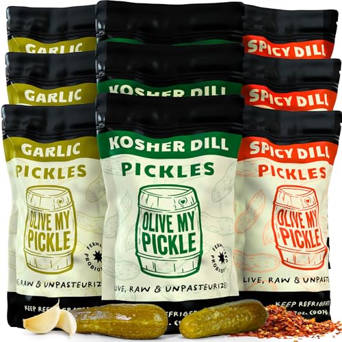 Olive My Pickle Fermented Pickles Probiotic Variety Pack - 288 Ounces | 9-Pack Bundle of Kosher Dill, Garlic, Spicy Kosher Dill Pickles and Brine with Digestive Enzymes for Gut Health - 32 oz per bag