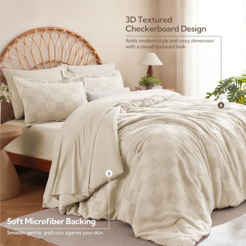 Image of MR&HM Queen Comforter Set 7 Pieces, Checkered Boho Tufted Bed Set Beige | Farmhouse Vintage Bed with Plaid Geometric Design, All-Season Bed in A Bag Comforter with Sheets, Pillow Shams & Pillowcases