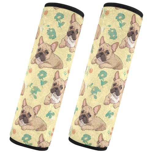 Seat Belt Covers 2 Pack Cute Brown French Car Seat Strap Covers Super Soft Dog Flowers Car Seat Neck Cover for Boys Girls Adults Babies M