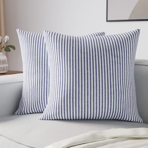 Encasa XO Cushion Covers 2 pcs set (50x50 cm) - Ticking Navy Blue - Decorative Large Square Colourful Washable Eco - Cotton, Throw Pillow Cases for Living Room, Sofa, Bedroom, Home & Hotel