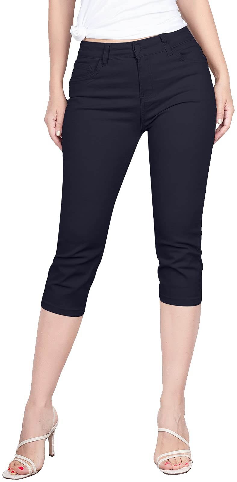 BodiLove Womens Stretchy Soft Skinny Easy Fit Stretchy 5 Pocket Mid-Rise Solid Color Classic Skinny Capri Uniform Pants