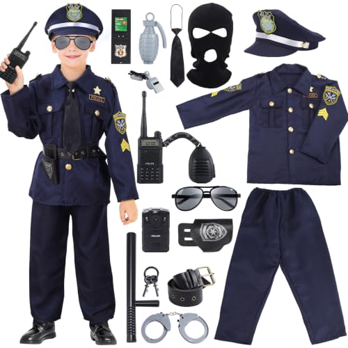 Skirfy 16PCS Police Costume for Kids, 16PCS Police Officer Uniform, Recorder, Cop Costume Role Play Kit for Boys Girls,Halloween Toys for Kids