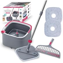 True & Tidy True Clean Spin Mop & Bucket System Dual Compartment Design for Clean & Dirty Water, 360 Swivel Mop Head, Built-in Scrubbing Brush, Stainless Steel Handle & 2 Reusable Microfiber Pads