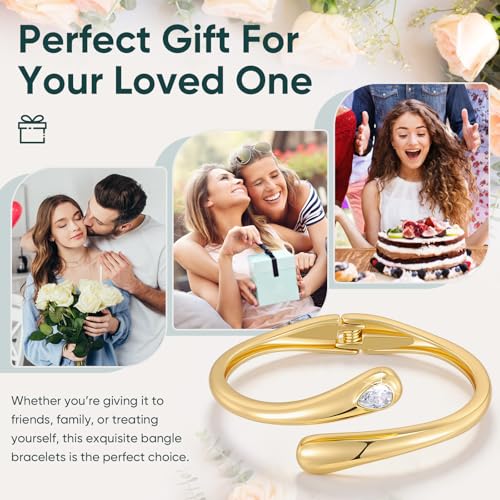 Goxygen Gold Bangle Bracelet for Women -14K Gold Plated Teardrop Cubic Zirconia Cuff Bracelets Non Tarnish Dainty Chunky Stackable Bracelets Trendy Waterproof Women Jewelry Gift for Her — view 6