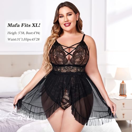 Image of SSoShHub Women's Plus Size Lingerie Beautiful Babydoll Snap Crotch Lace Chemise Ruffles Nightwear Bodysuit with Babydoll