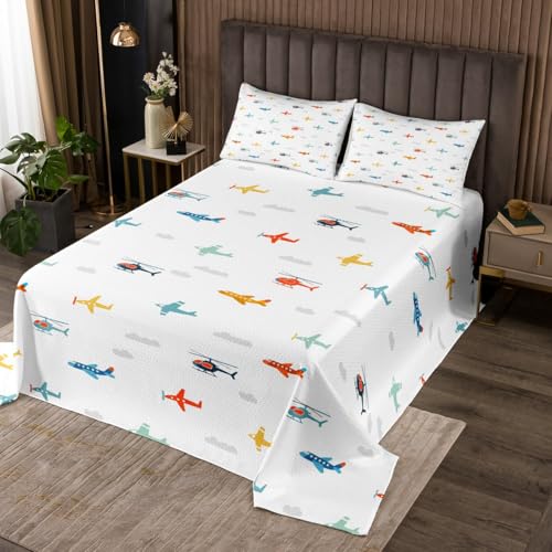Homemissing Flugzeug Steppdecke Jungen Mädchen Flugzeug Tagesdecke 170x210cmflight Bettüberwurf 2 Stück Hubschrauber Fliegendes Schlafzimmer Dekor Reise Dekor Weiß