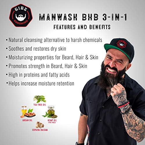 Gibs Grooming 3 In 1 Body Wash For Men - Beard & Hair Moisturizing, & Cleansing Liquid Body Wash With Tea Tree Oil & Copaiba Balsam - Sulfate & Paraben Free Shower Gel - 3.25 Oz #TOP3