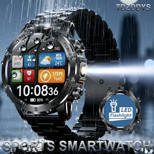 Smart Watch for Men with Flashlight, Bluetooth Calling, 100+ Sport Modes, 800mAh, IPX8 Waterproof Fitness Tracker for Workout, iOS Android Compatible， Gift For Him (Black steel)