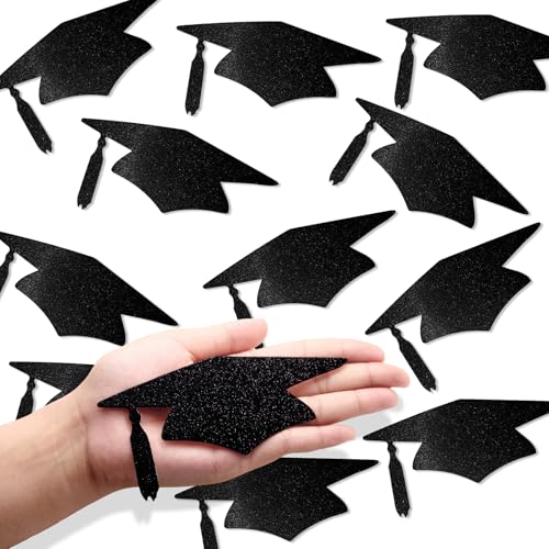 Image of Qttier 12pcs Graduation Cap Confetti Black Glitter, Big Size 4 inches | Congrats Grad Party Decorations Graduation Table Decor Class of 2026 High School College Grad Party Supplies
