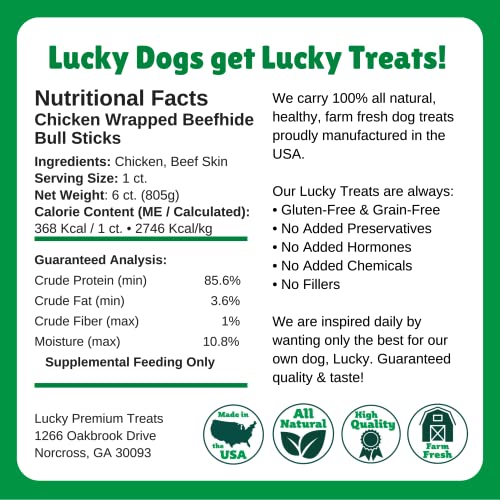 Lucky Premium Treats Chicken Wrapped Rawhide Bull Sticks – All Natural Rawhide Beef And Chicken Dog Treats, Gluten Free Premium Large Dog Treats (6 Chews) #TOP4