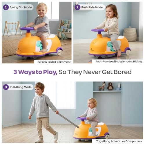 Image of R for Rabbit Iya Iya Poppy Swing Car for Kids, 3 in 1 Baby Push Ride-On & Pull Along Car | ABEC7 Bearing Smooth Wheels with Storage Seat | Ideal for 2+ Years Boys & Girls, Upto 50 Kgs (Orange Purple)