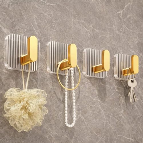 Image of Satpurush Luxury Acrylic Self-Adhesive Wall Hooks | Heavy Duty Bathroom & Kitchen Hook | No Drill Waterproof Wall Hanger for Towels, Robes, Keys & Accessories. (Gold, Pack of 4).