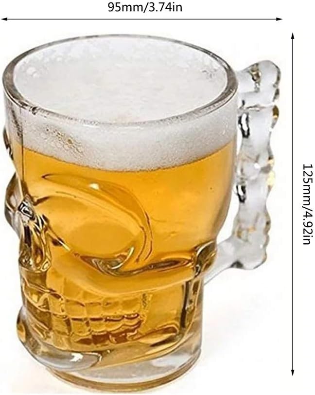 2Pcs Clear Heavy Base Glass Skull Face Drinking Mug cup with Glass Handles, 18 Ounce (500ml)1 Beer Juice Water Drinking Glass