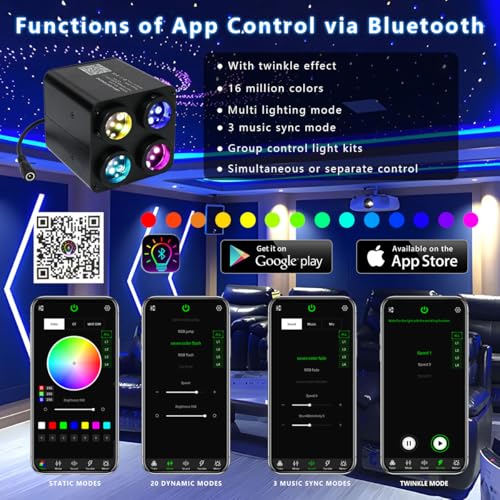 Image of AKEPO 36W 4 Color Twinkle Starlights Headliner Fiber Optic Lights Kit | 2400pcs*13.1ft*0.03in Optical Fibers, 4-heads Music Sync Remote /APP Control Starlight Kit for Car Headliner /Home Star Ceiling