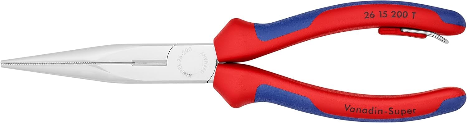 KNIPEX Flachrundzange mit Schneide (Storchschnabelzange) mit Mehrkomponenten-Hüllen, mit integrierter Befestigungsöse zum Anbringen einer Absturzsicherung verchromt 200 mm 26 15 200 T