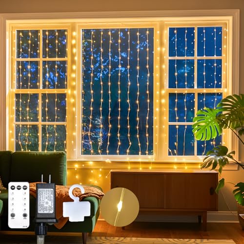 suddus Tangle-Free Curtain Lights 200 LED 6.5x6.5ft Hanging Lights with Hooks Curtain Lights for Bedroom Christmas Dorm Wall Backdrop Window Wedding Party Birthday Decor Warm White
