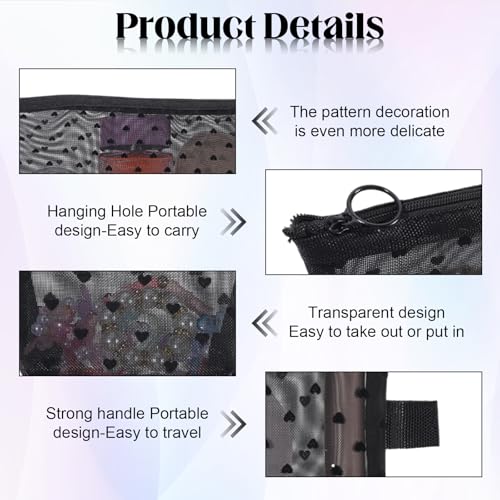 4 PCS Mesh Makeup Bag Set, Heart Printed Mesh Pouches for Purse Portable Travel Cosmetic Bags Small Toiletry Bag with Zipper Black Makeup Pouches for Home Offices Travel Accessories4