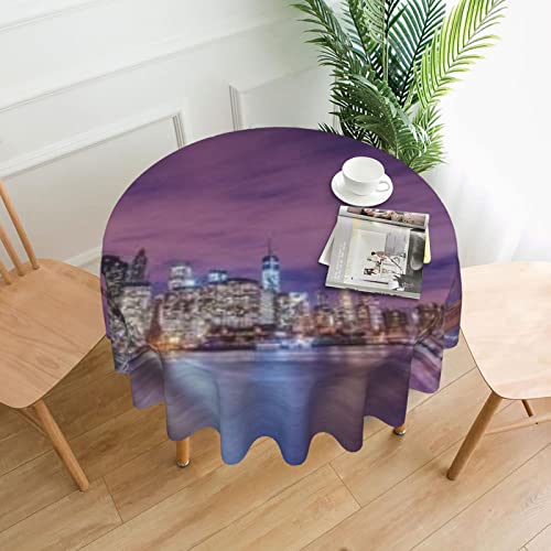 Oudrspo Night Panorama of Manhattan à New York, États-Unis Nappe à Dos Rond en Tissu Doux et Lavable pour Table à Manger, Ronde de 60''